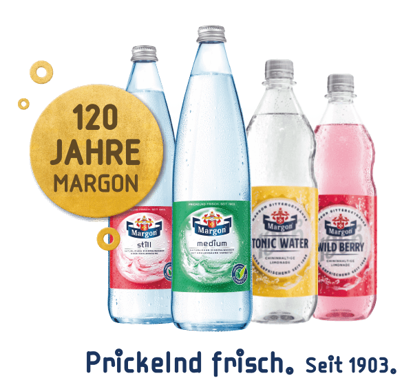 Margon Getränkesortiment mit Slogan - Margon. prickelnd frisch. seit 1903.